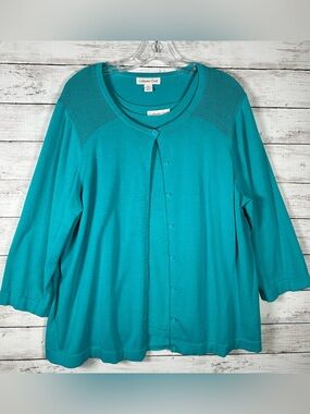 Coldwater Creek Sweater Set 2 Pc Teal Silk Blend Crochet Knit Cardigan/Tank 2X